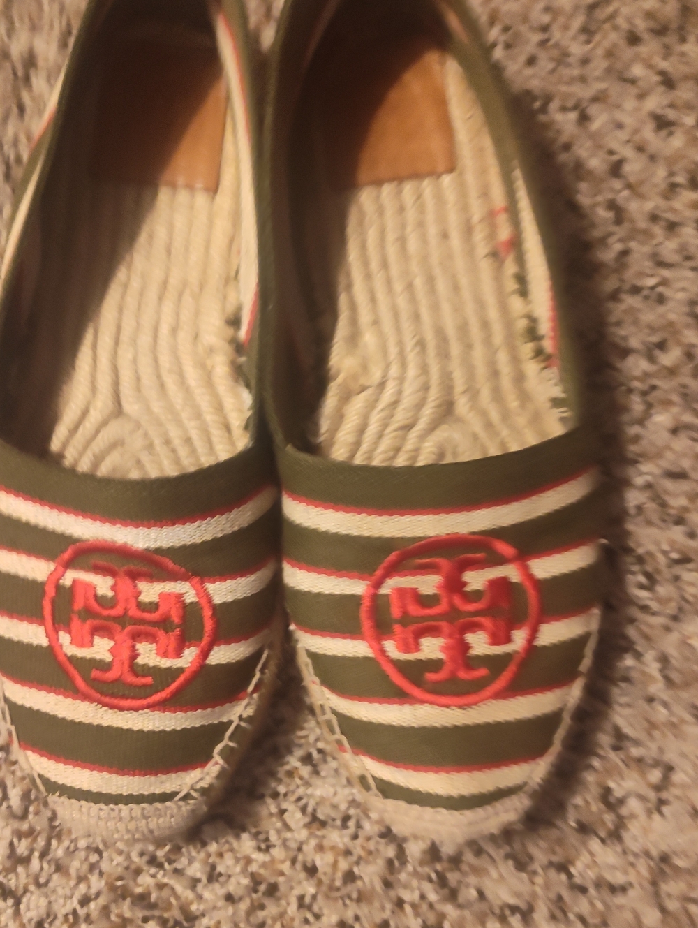 Tory Burch Olive & Cream Striped Espadrilles with Coral Logo